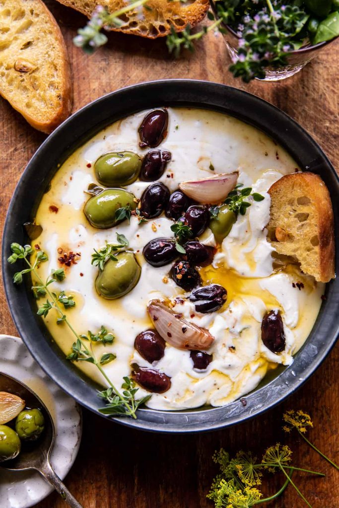 honey whipped feta with garlic herb roasted olives_feta cheese recipes