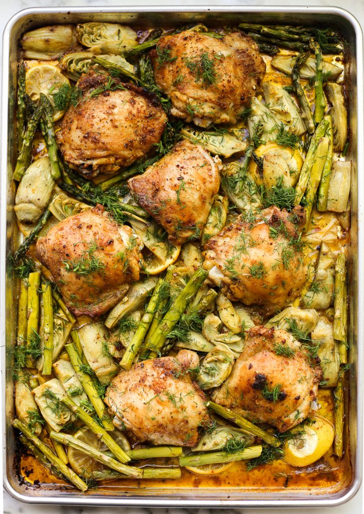 Sheet Pan Spring Chicken With Artichokes and Asparagus_easy sheet pan recipes