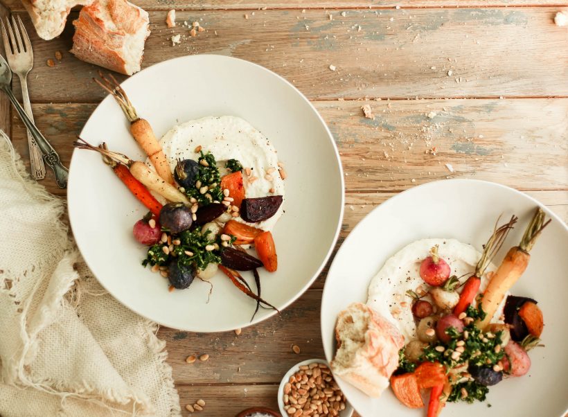 roasted root vegetables with whipped feta and zesty gremolata