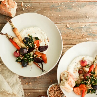 roasted root vegetables with whipped feta and zesty gremolata