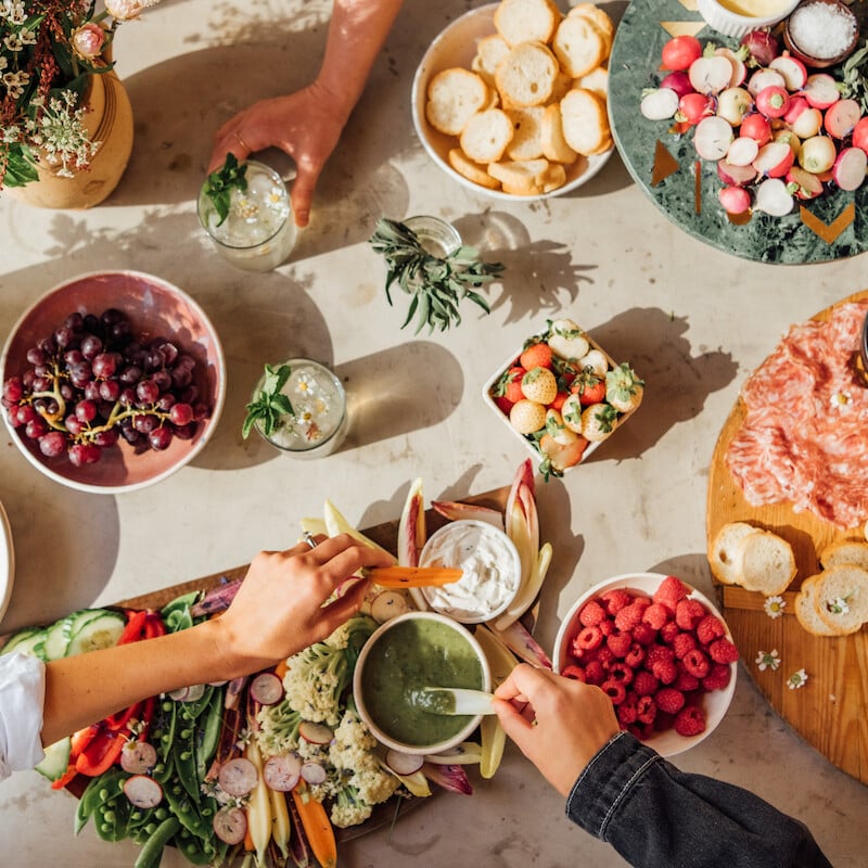 spring happy hour, ashleigh amoroso, vegetable crudité, spring produce, snacks with dip, cheese and charcuterie board, appetizers, overhead_healthy girl dinner