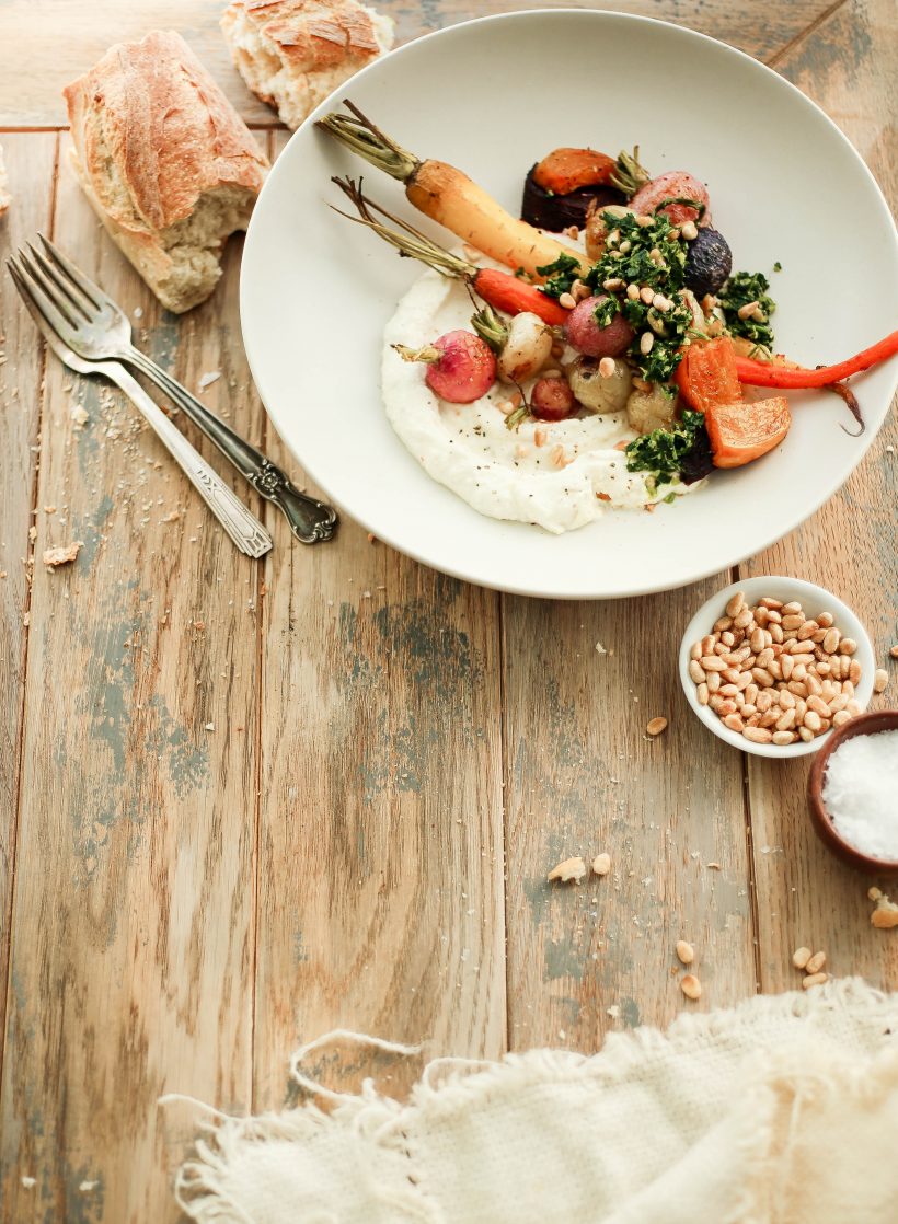 roasted root vegetables with whipped feta and zesty gremolata