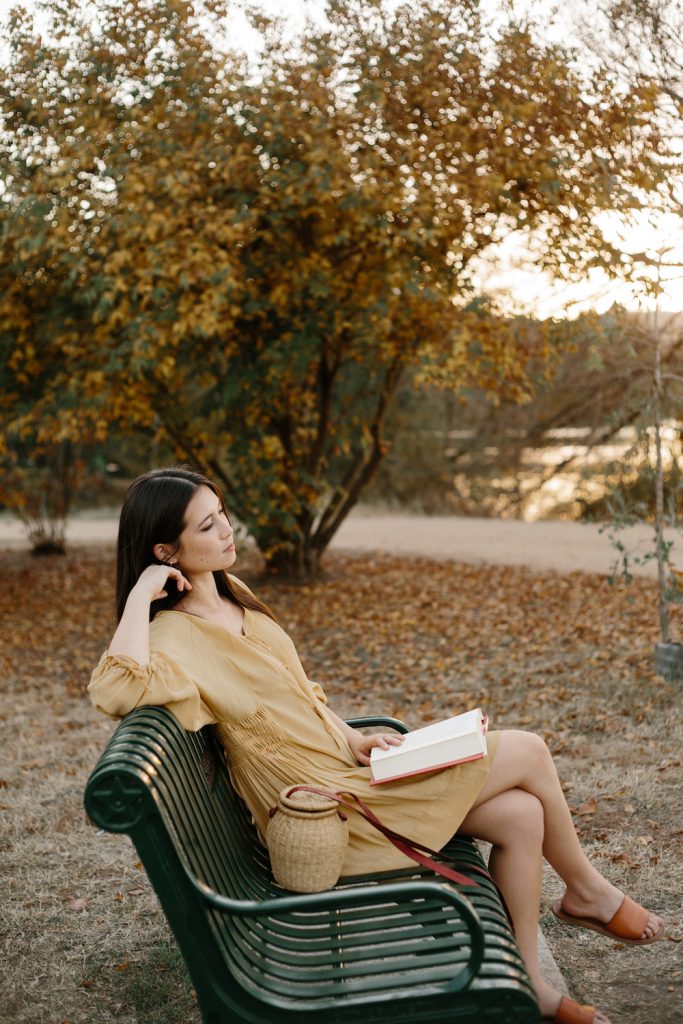 woman reading, park, outside, dress, spring, Riley Reed photography_eating disorders