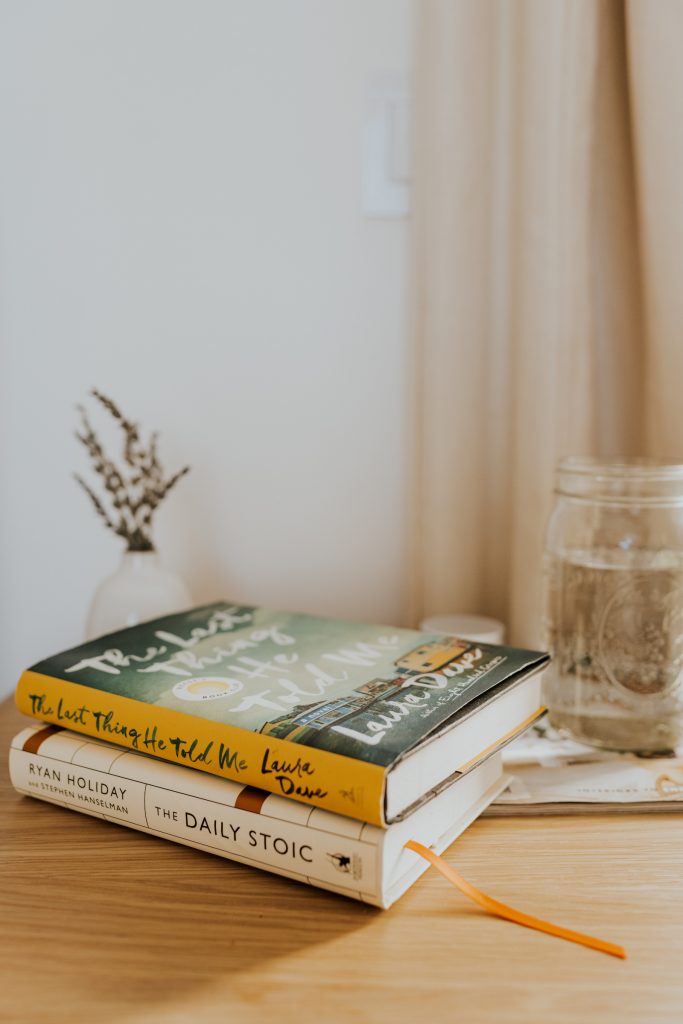 books, nightstand, bedroom, bedside table