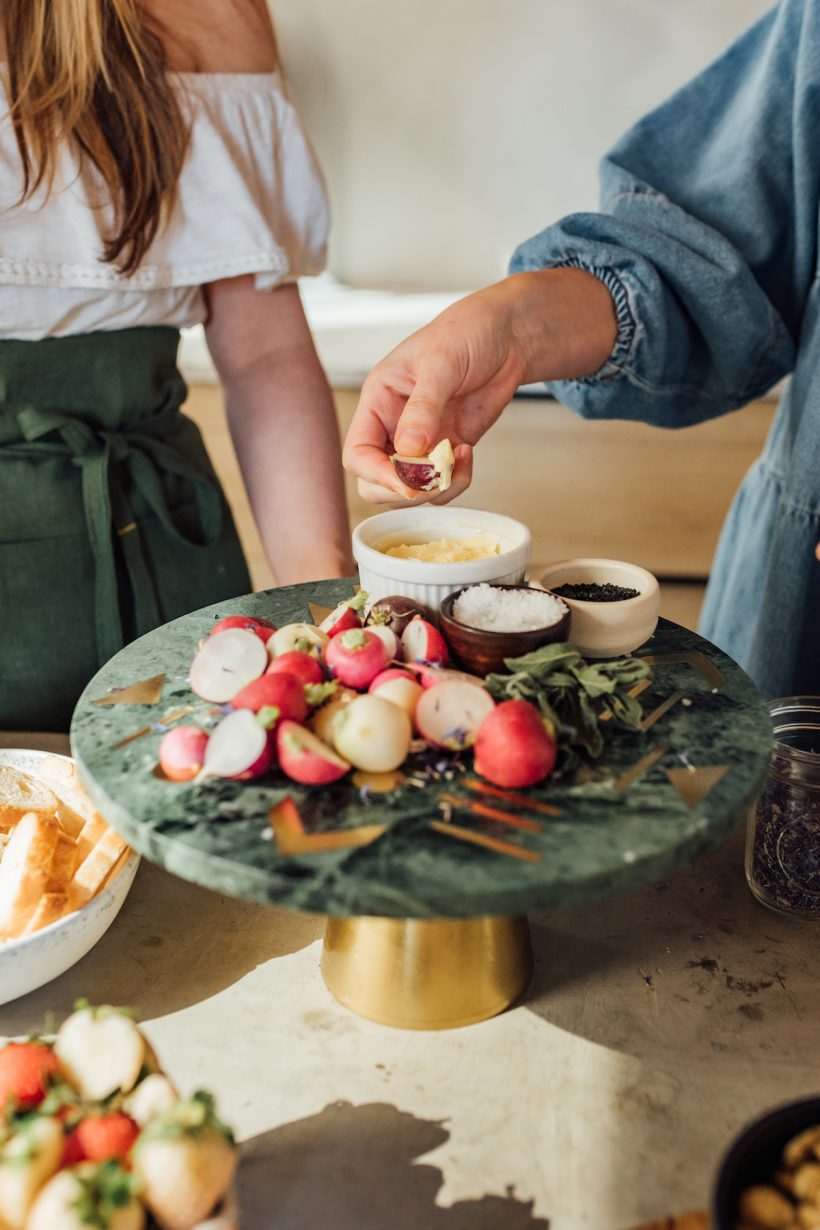 spring happy hour, ashleigh amoroso, vegetable crudité, spring produce, snacks with dip, cheese and charcuterie board, appetizers, overhead, radishes