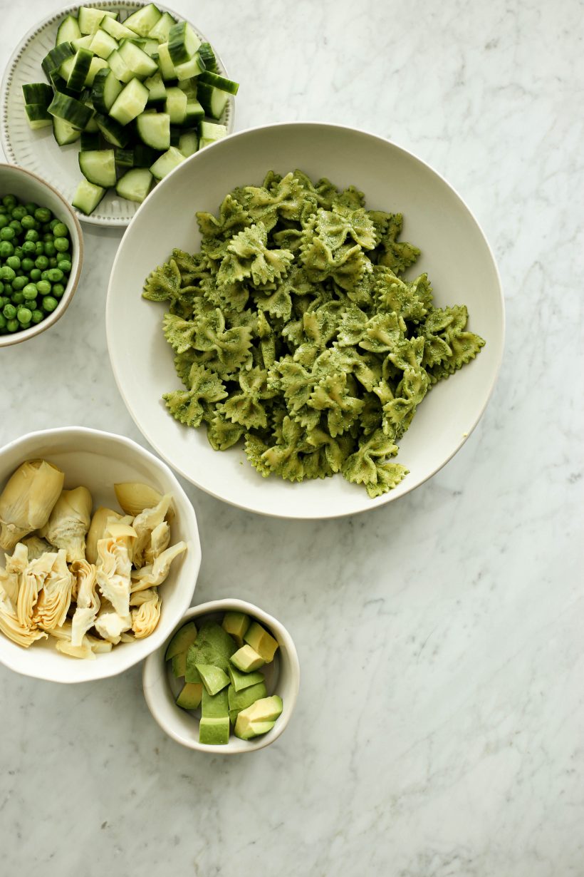 green goddess pasta salad with a lemony zingy dressing and spring vegetables