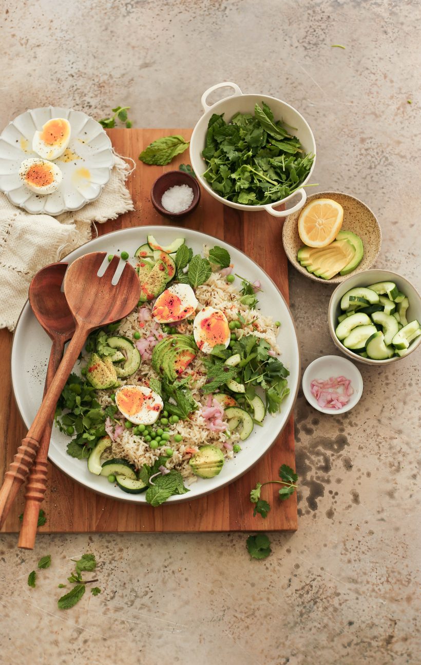 Spring Rice Salad with Fresh Herbs Eggs and Avocado - Vegetarian Protein Packed Salad