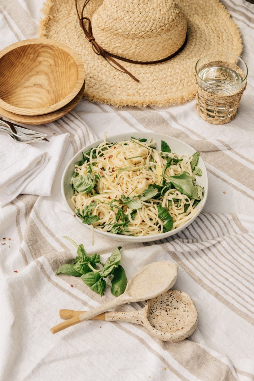 creamy lemon pasta recipe, picnic, summer