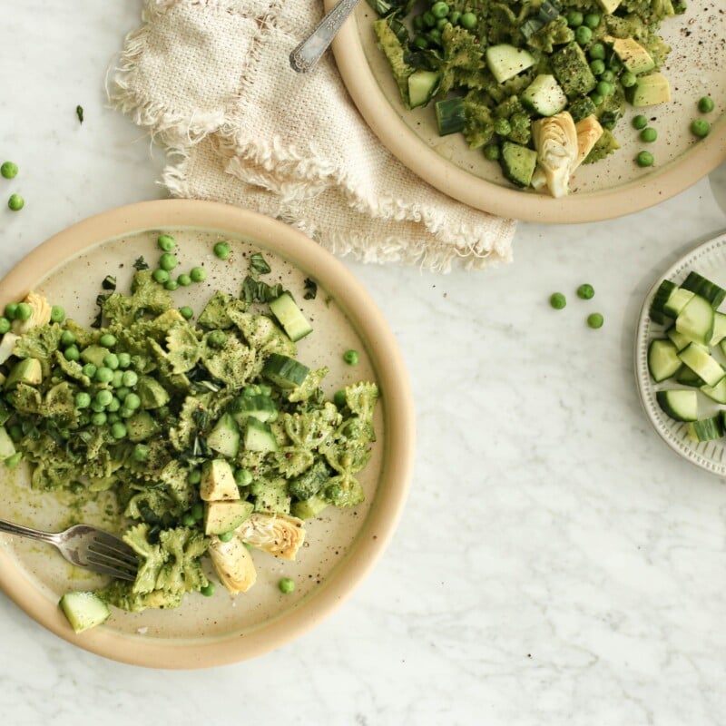 green goddess pasta salad with a lemony zingy dressing and spring vegetables