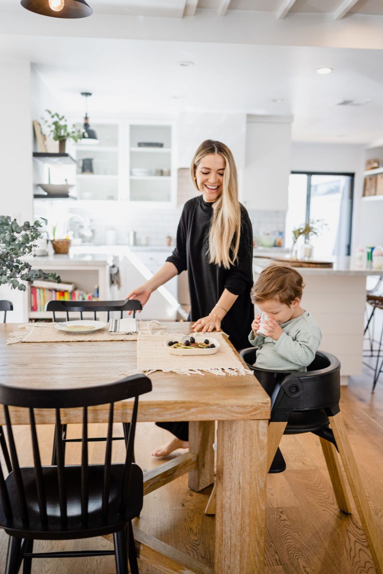 Alex Taylor at home having breakfast with her son at the dining room table_mother's day gifts