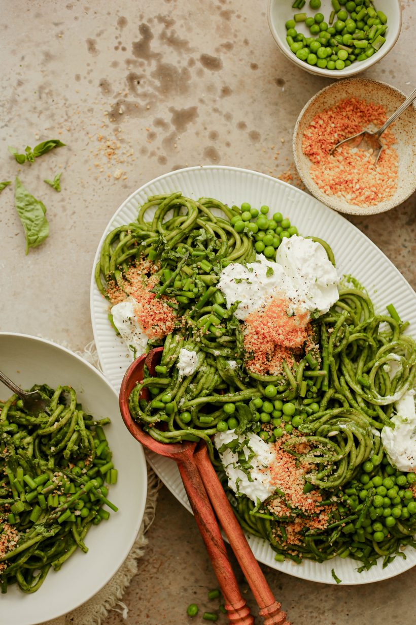 green sauce pasta - green pasta with spring vegetables and burrata