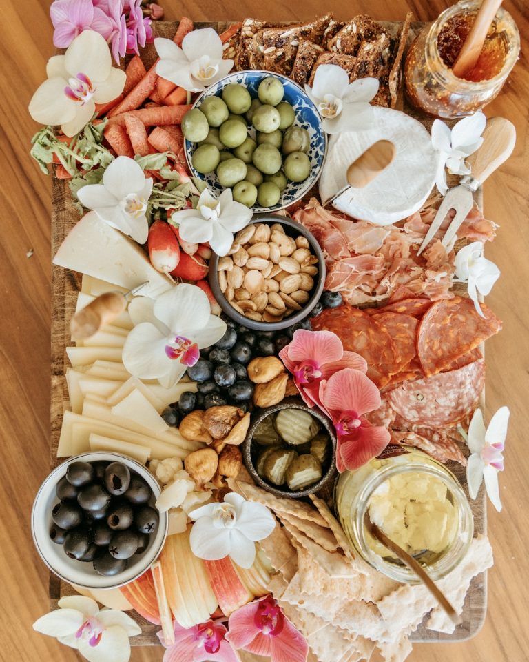overhead summer cheese board, appetizer, colorful produce
