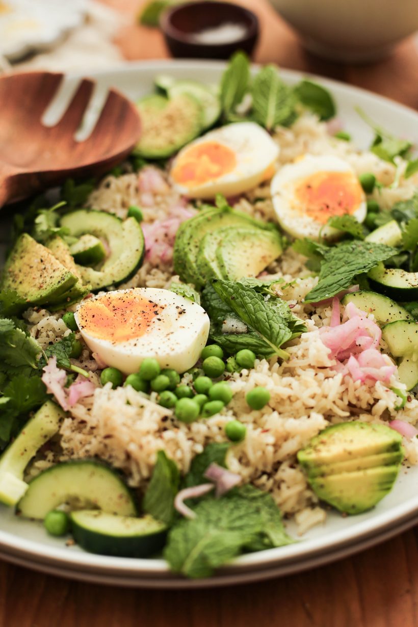 Spring Rice Salad with Fresh Herbs Eggs and Avocado - Vegetarian Protein Packed Salad