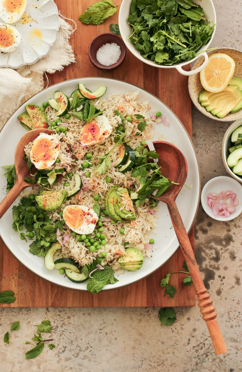 Spring Rice Salad with Fresh Herbs Eggs and Avocado - Vegetarian Protein Packed Salad