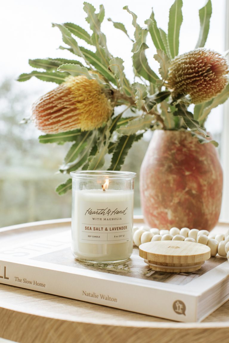 candle, bedside table, nightstand, flowers, bedroom podcast_inspiration