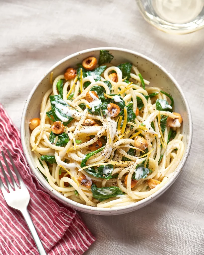 Spaghetti with Mascarpone, Meyer Lemon, Spinach, and Hazelnuts_lemon pasta recipes