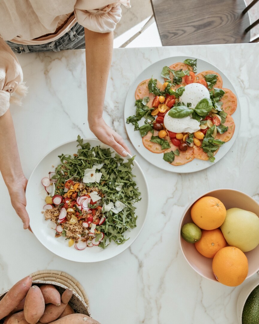 charlie bird farro salad, overhead of salads, summer produce, tomatoes, grains, brian and jessie de lowe dinner party in santa barbara