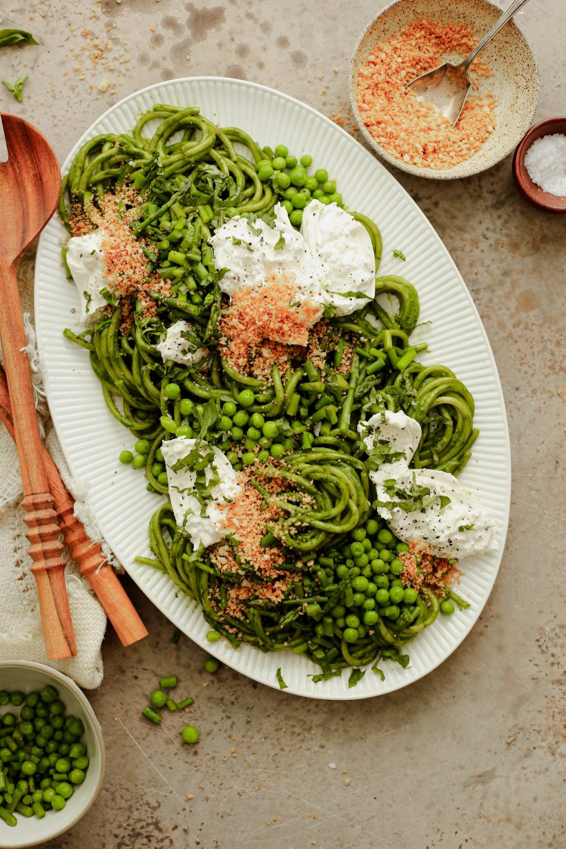 spring spinach pasta - green pasta with spring vegetables and burrata