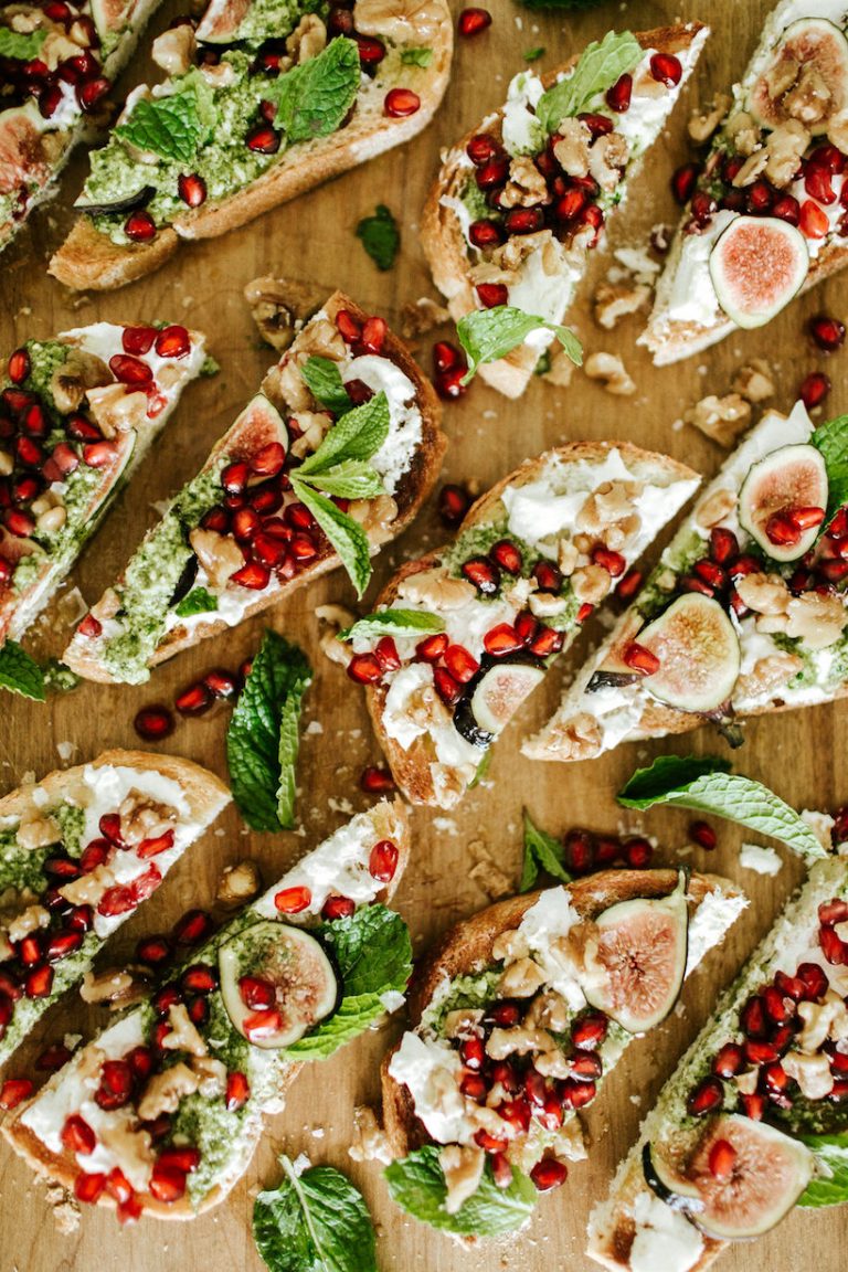 Burrata Toasts with Caramelized Walnuts and Mint-Pomegranate Pesto_What Fruits and Vegetables Are in Season in Spring?
