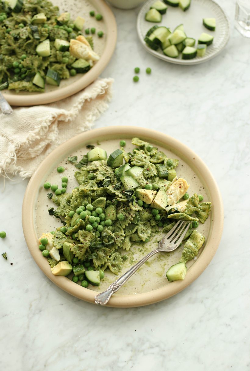 green goddess pasta salad with passion fruit sauce and spring vegetables