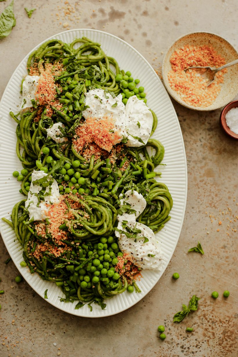 green sauce pasta - green pasta with spring vegetables and burrata