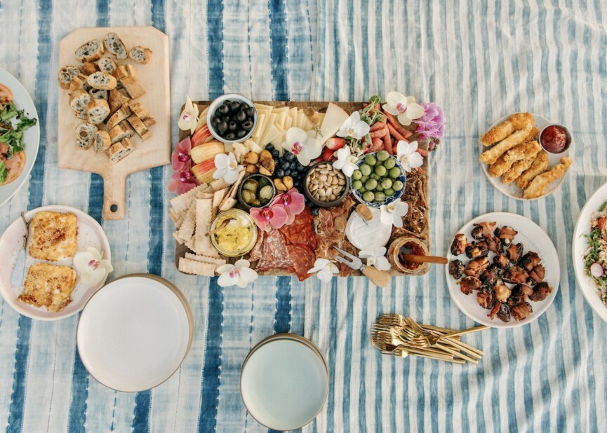 cheese board, overhead, family-style, summer table, blue stripes, garden, brian and jessie de lowe dinner party in santa barbara