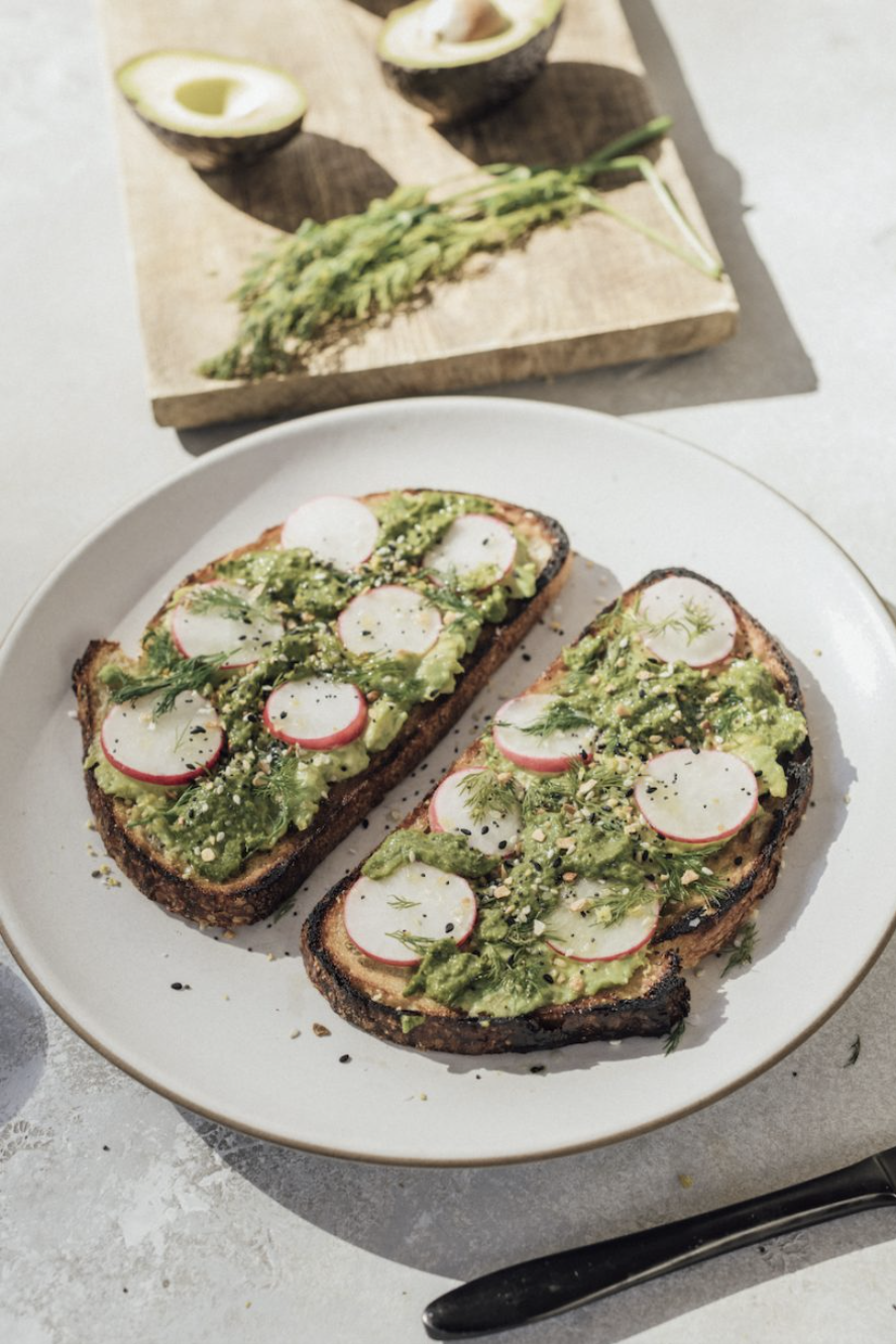 Avocado Toast with Kale Pesto and Crunchy Veggies Camille Styles
