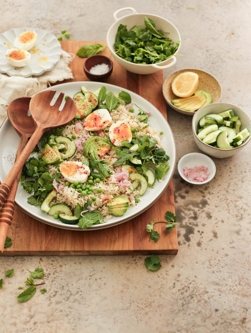 Spring Rice Salad with Fresh Herbs Eggs and Avocado - Vegetarian Protein Packed Salad