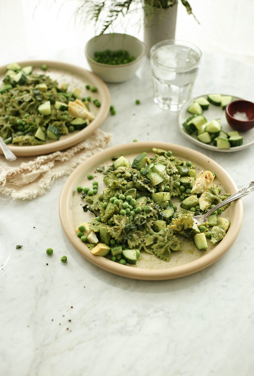 green goddess pasta salad with passion fruit sauce and spring vegetables