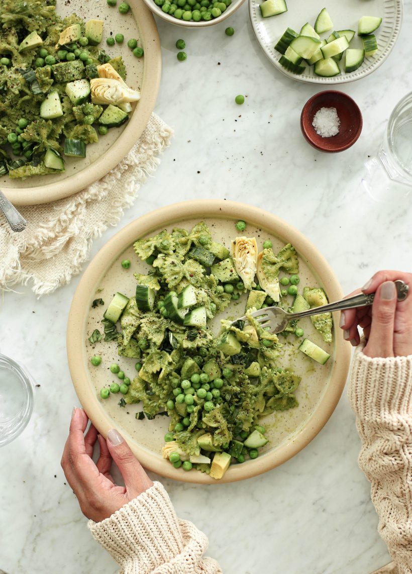 green goddess pasta salad with a lemony zingy dressing and spring vegetables