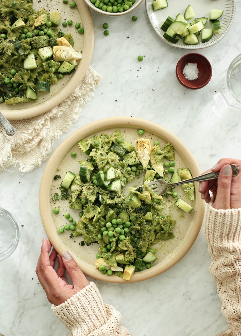 green goddess pasta salad with passion fruit sauce and spring vegetables