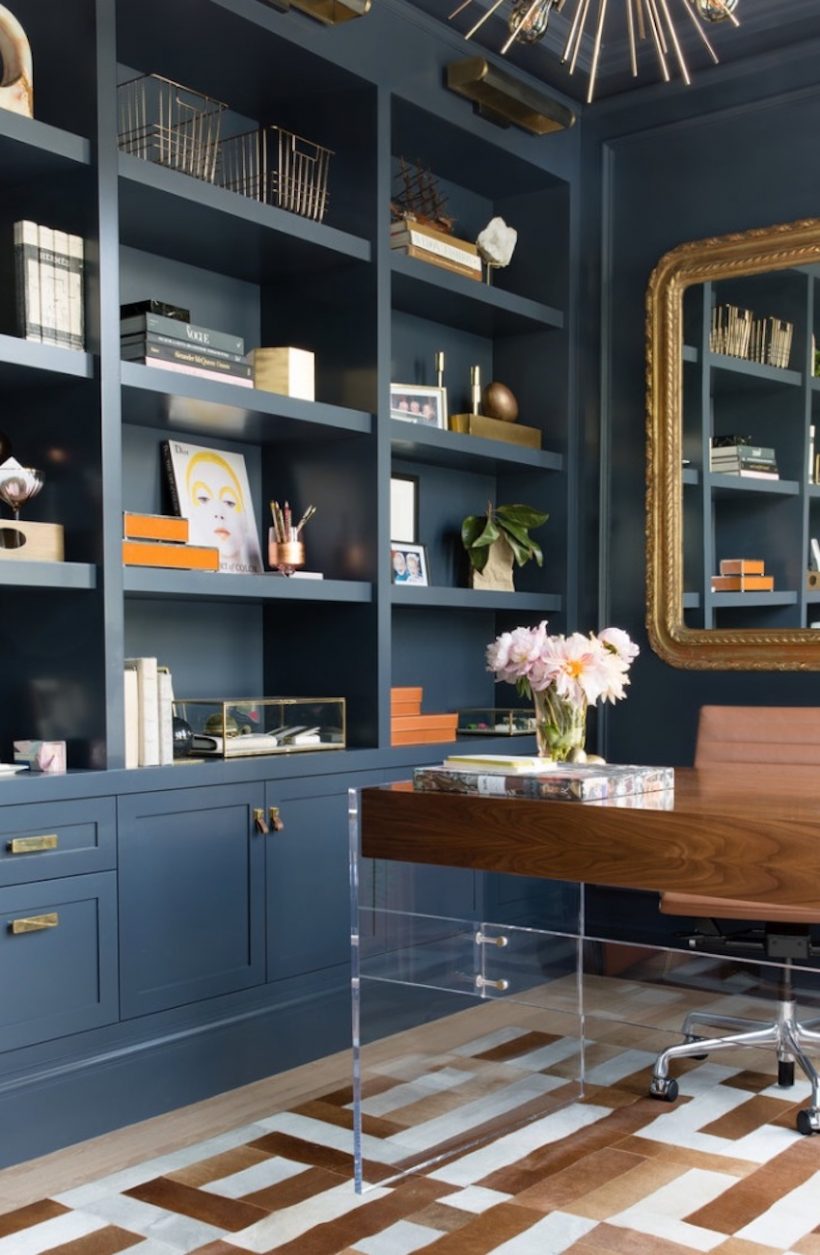 home office with built-in shelves