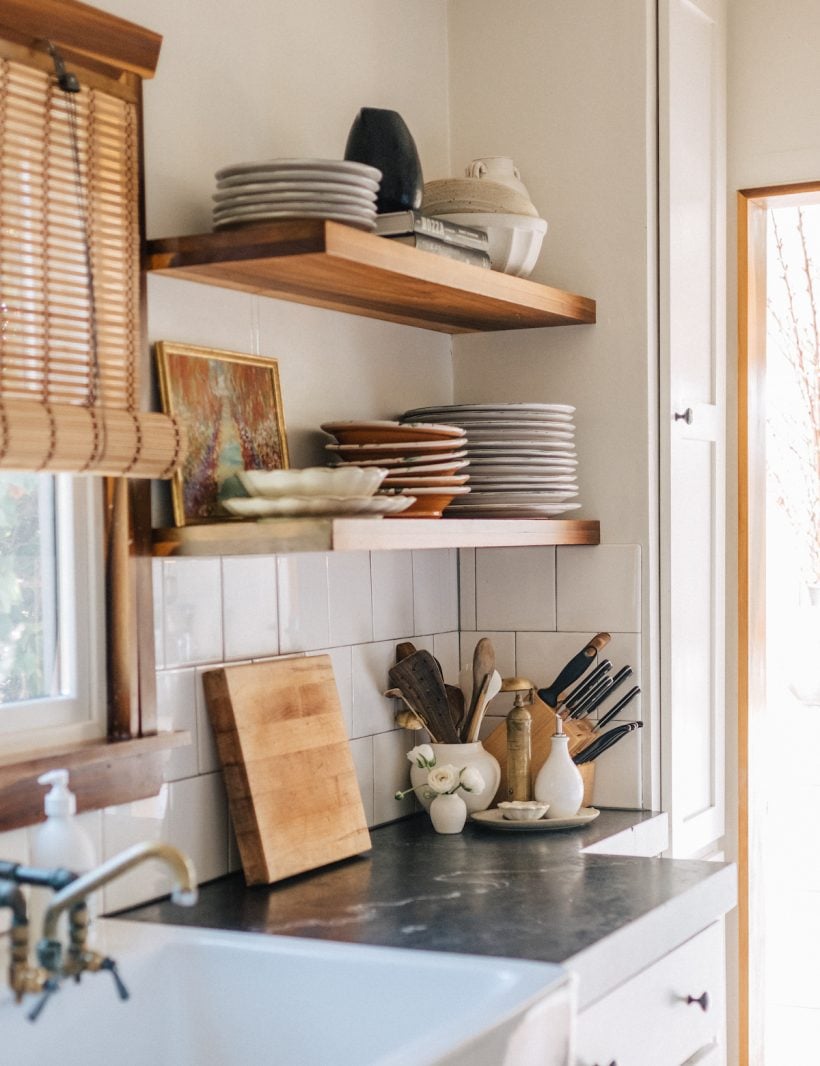 olivia muniak kitchen, open shelves, dishes and cutting boards