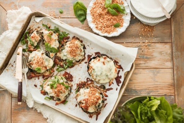 Stuffed Portobello Mushrooms with Caramelized Onions and Spinach_ plant based protein