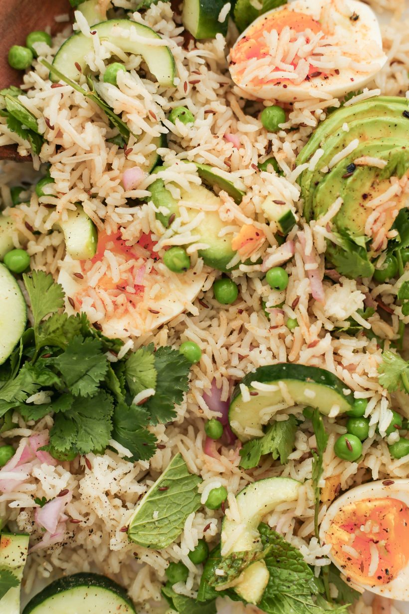 Spring Rice Salad with Fresh Herbs Eggs and Avocado - Vegetarian Protein Packed Salad