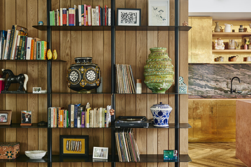 bookshelves with vintage finds