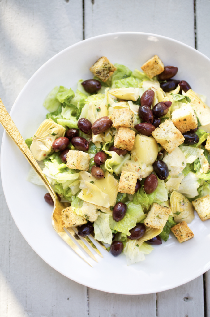 Chopped Salad with Marinated Artichoke Hearts, Kalamata Olives, Black Pepper Croutons and Emulsified Cucumber Dressing_best chopped salad recipes