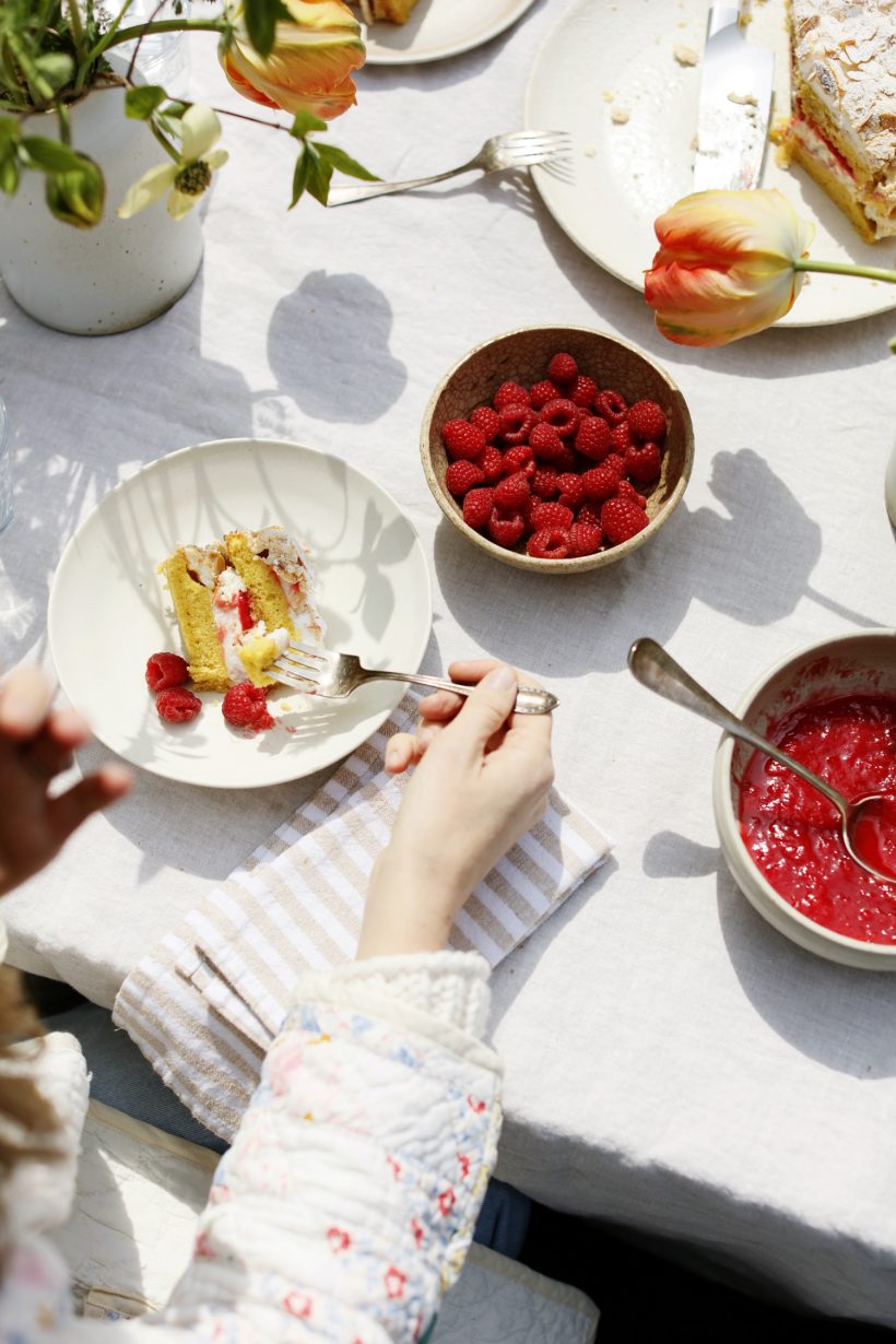 rhubarb cake, spring dinner party, sunshine, raspberries