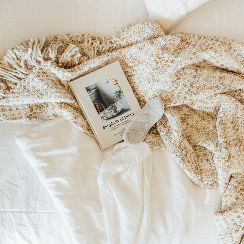 relax, self-care, book, throw, bed