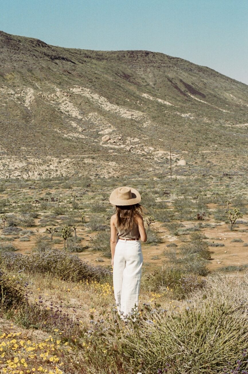 Woman walking past Joshua Tree