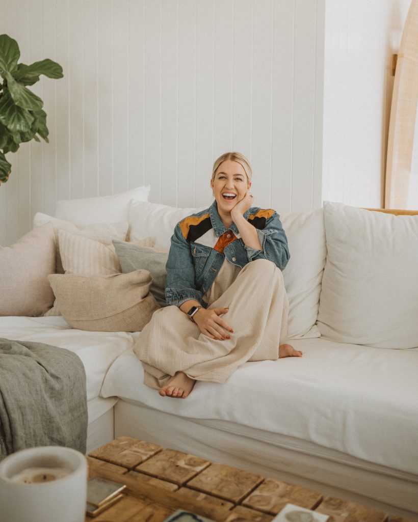 jenna kutcher morning routine, couch, laughing, happy