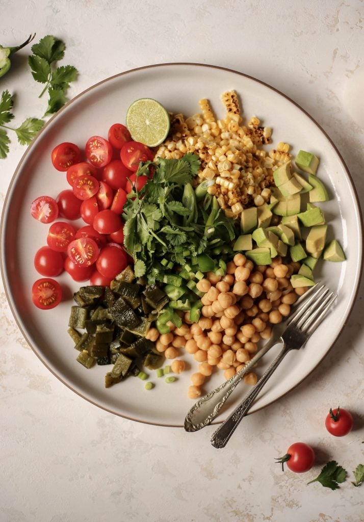 Roasted Corn, Chickpea, and Avocado Salad With Poblano Vinaigrette
