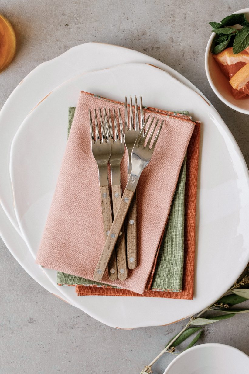 dishes, napkins, and forks for outdoor party