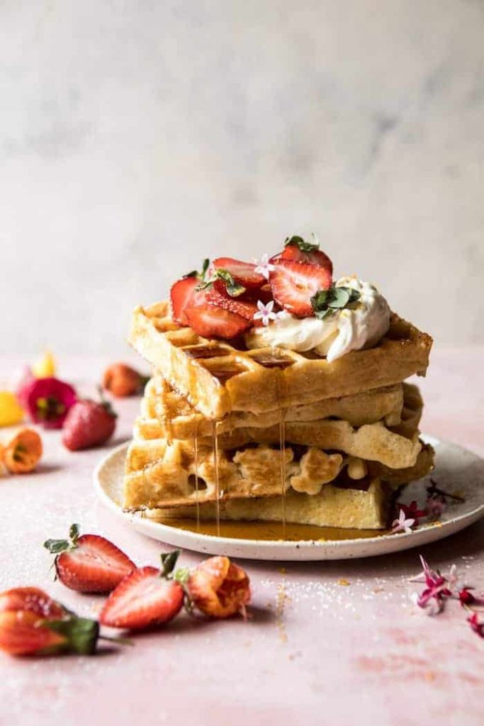 Overnight Waffles With Whipped Meyer Lemon Cream and Strawberries_father's day brunch