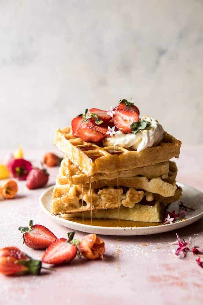 Overnight Waffles With Whipped Meyer Lemon Cream and Strawberries_father's day brunch