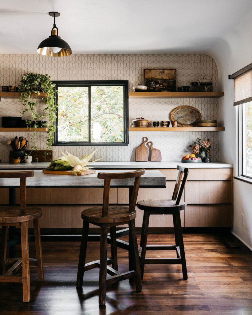 earthy kitchen with open shelving