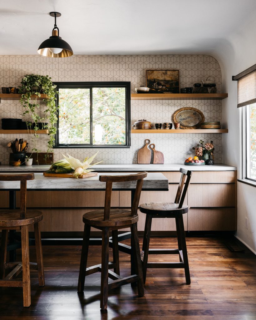 earthen kitchen with open shelves