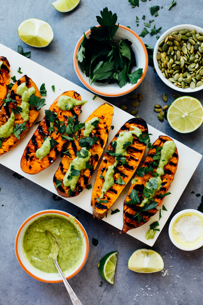 Smashed Grilled Sweet Potatoes With Chimichurri_vegetarian fourth of july recipes