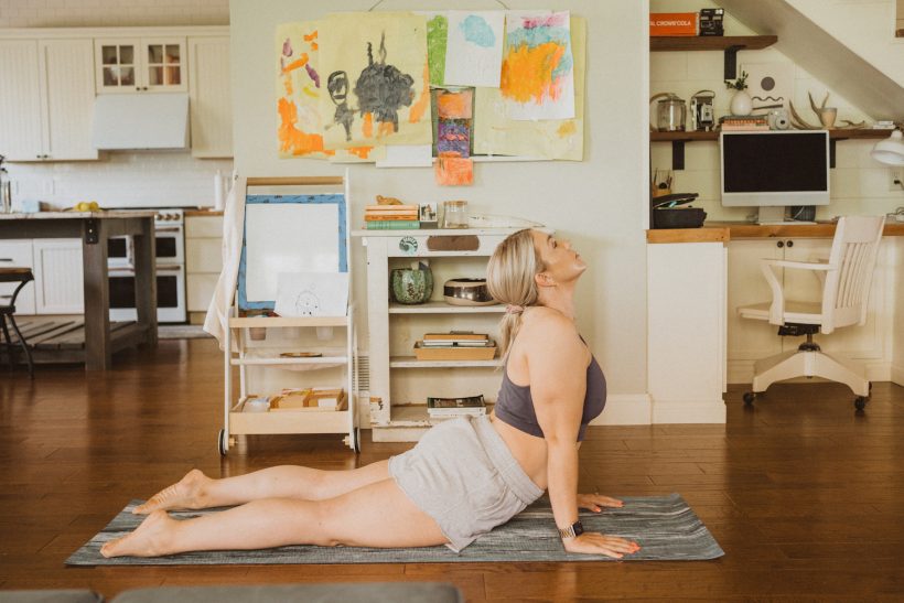 jenna kutcher morning routine, yoga, stretching