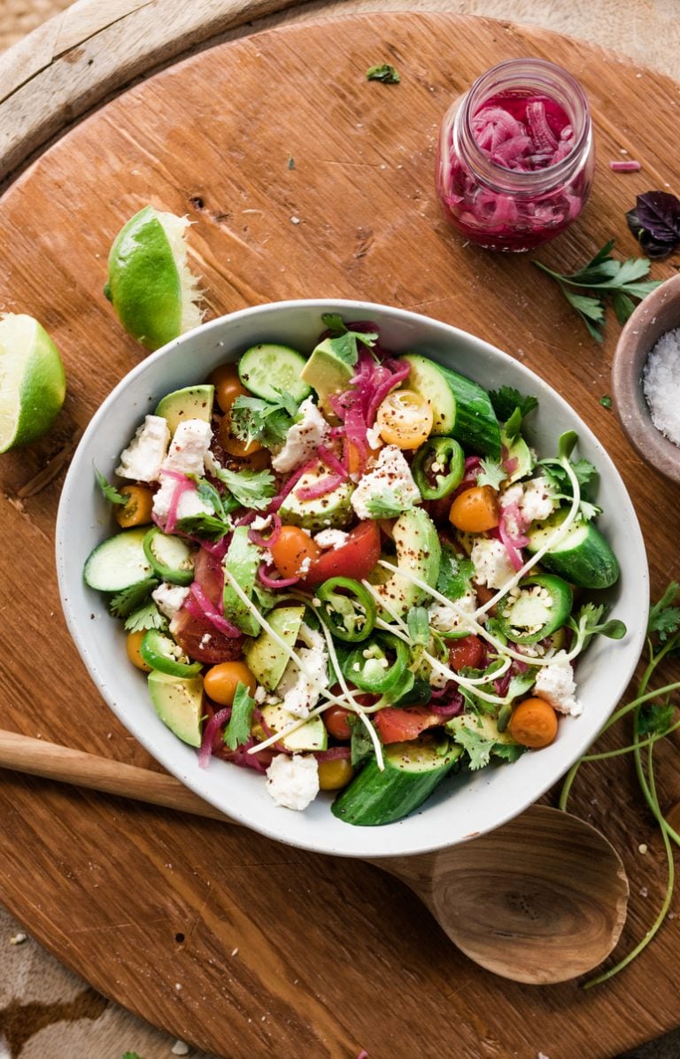 Tomato, Avocado, & Cucumber Salad With Feta_summer lunch ideas